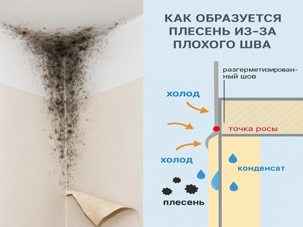Alt: Схема панельного дома, на которой синие стрелки показывают, как холодный воздух проникает в квартиру через дефекты в межпанельном шве. Title: Как холодный воздух попадает в квартиру через швы.